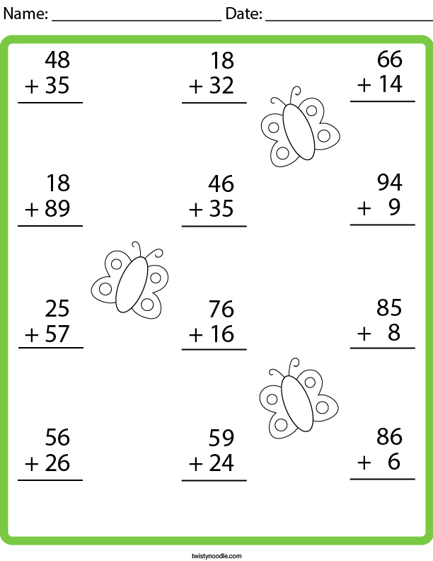 Addition With Regrouping Two Digit Numbers Worksheet